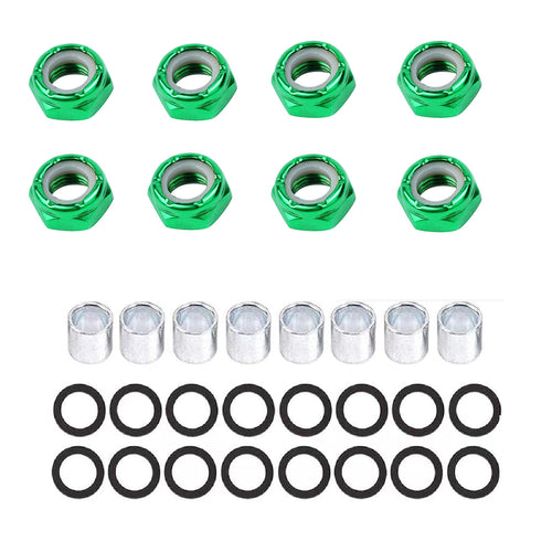 8 Pieces Skateboard Truck Color Nuts and 16 Pieces Skateboard Truck Axle Washers and 8pcs Precision Spacers for Longboards and Skateboard Hardware Kit (Green Nuts)